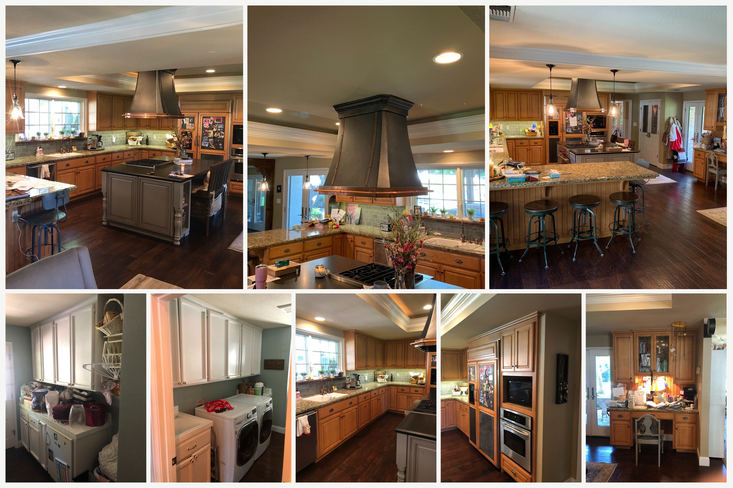 Collage of multiple photos of a spacious kitchen with wooden cabinets, granite countertops, and a large kitchen island. Some photos show laundry area with washers and storage. There are various kitchen appliances, decor, and laundry supplies visible 