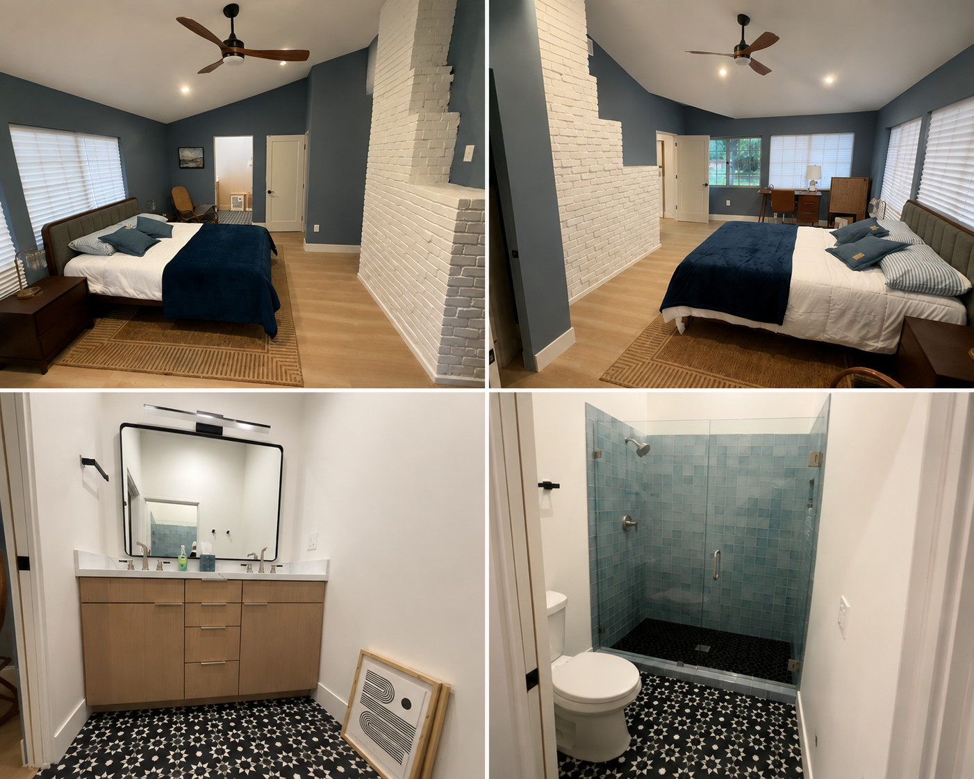 A collage of four photos: the first and second show a bedroom with blue walls, a king-sized bed with white and blue bedding, a wooden nightstand, and a fireplace wall; the third shows a modern bathroom vanity with a mirror and star-patterned black an