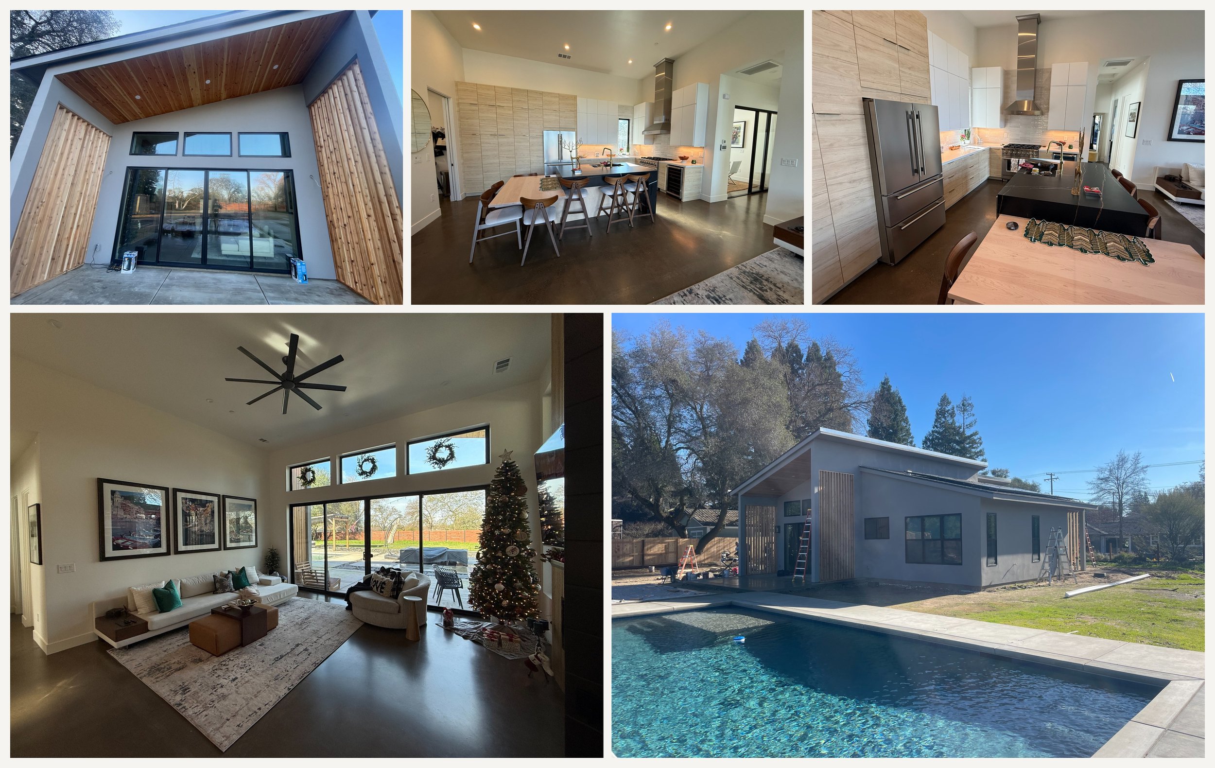 A collage of images showing a modern house's interior and exterior, including a living room with Christmas decorations, a kitchen with wood cabinets, a dining area with a bar, and an outdoor pool area under a clear blue sky.