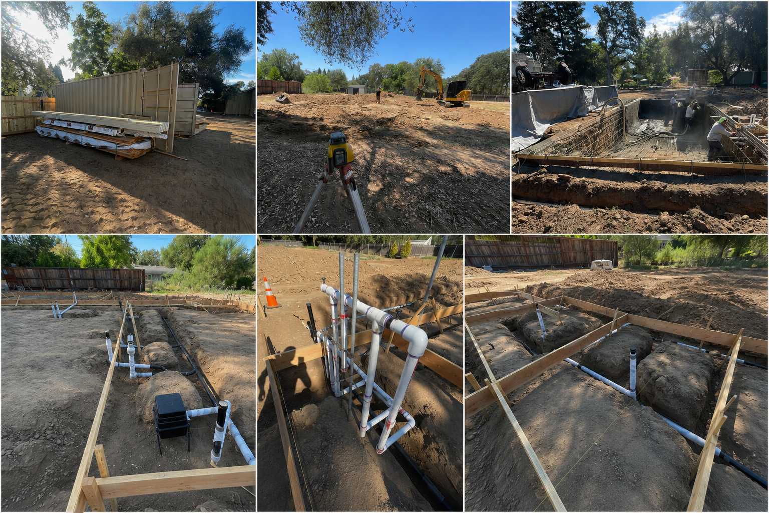 Construction site with framing, excavation, and plumbing work underway for a building foundation.