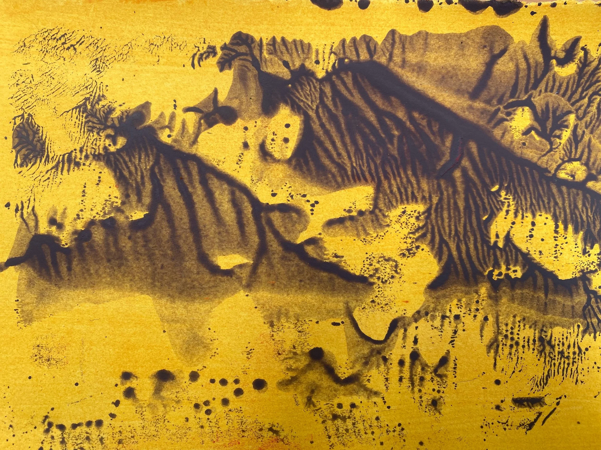 Chance Prospect
2026
Decalcomania painting on paper
15 × 21 cm

Pressure and separation produce broken bands, stains and repeated ridges across the yellow paper. The fragmentary marks resemble landforms, bodies or damaged notation, inviting recogniti