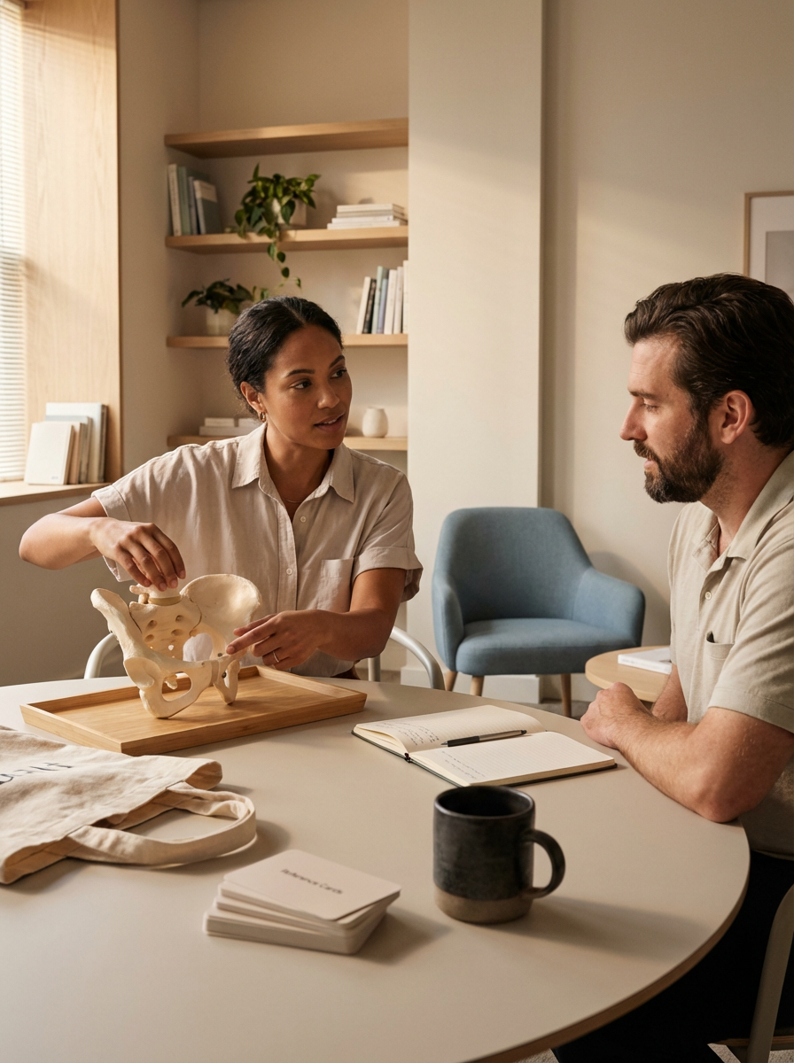 A woman explaining a skeletal model of a pelvis to a man in a bright office or consultation room.