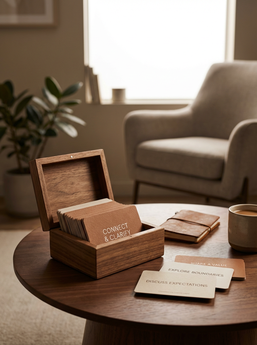 A wooden table with a box of cards labeled 'CONNECT & CLARIFY', some loose cards saying 'SHARE A VALUE,' 'EXPLORE BOUNDARIES,' and 'DISCUSS EXPECTATIONS,' a closed notebook, a cup of coffee, and a beige armchair in a cozy, well-lit living room with a large window and a potted plant in the background.