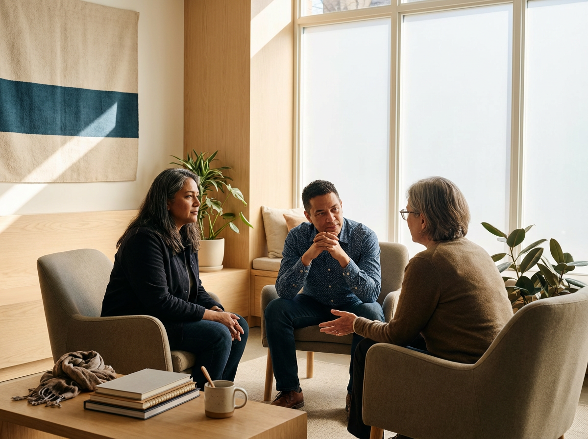 Three people sitting and talking in a bright, cozy room with large windows and green plants.