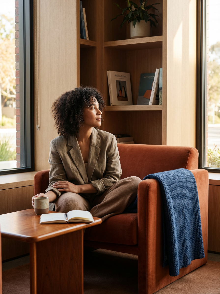 A woman sitting on a burnt orange armchair near a window, with a beige blazer and brown pants, holding a mug, with an open notebook on a small wooden table, a blue blanket draped over the armrest, and a bookshelf with plants and books behind her.