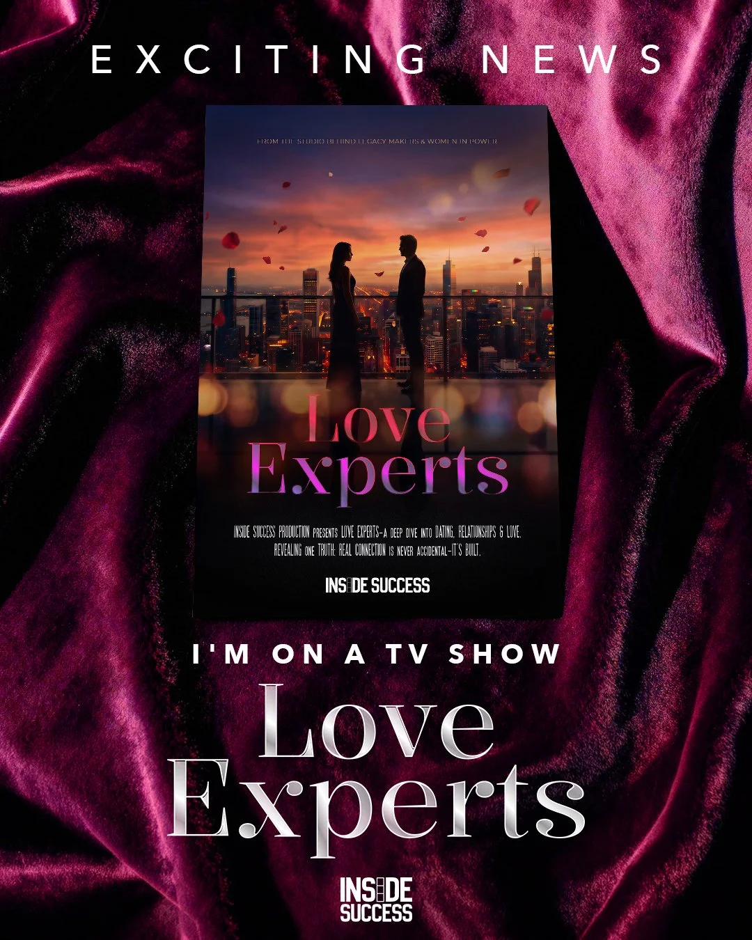 Poster for a TV show titled 'Love Experts' featuring a silhouette of a man and woman facing each other against a city skyline at sunset, with falling rose petals.