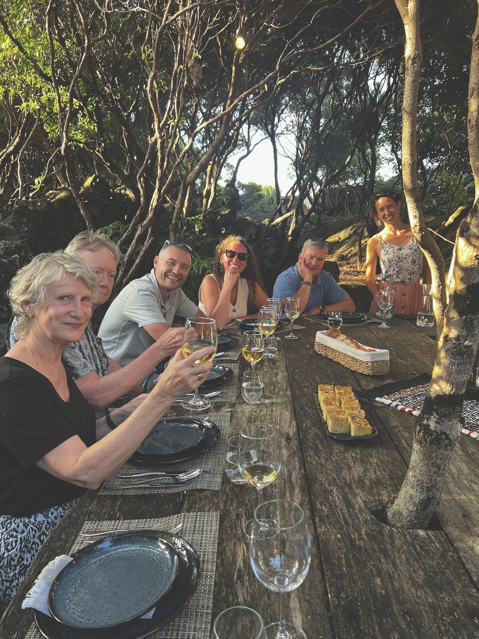 People sitting at a rustic outdoor dining table with wine glasses, plates, and desserts, surrounded by lush trees and natural light.