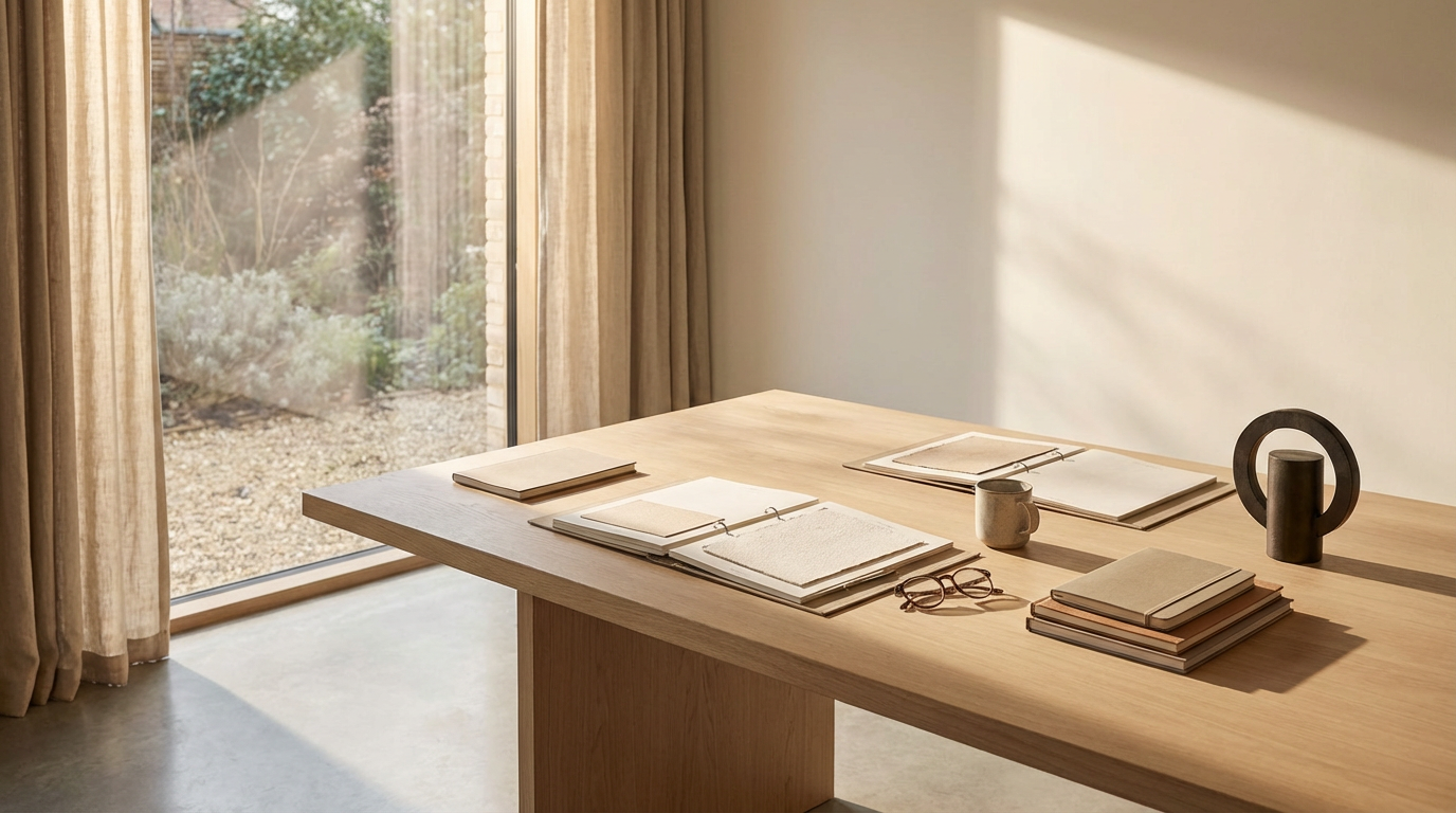 A wooden desk with notebooks, a cup, and glasses, set near a large window with closed beige curtains and a view of a garden outside. Sunlight streams in, casting shadows on the wall.