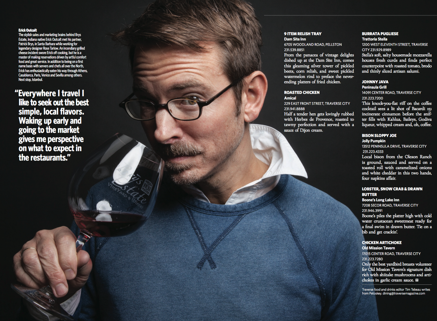 Editorial portrait of man tasting red wine for Traverse Magazine.