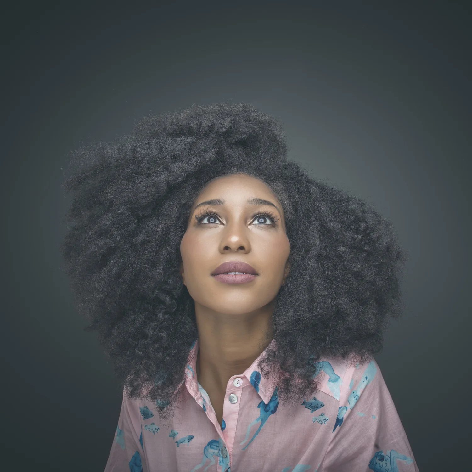 Studio portrait of woman with natural textured hair looking upward.