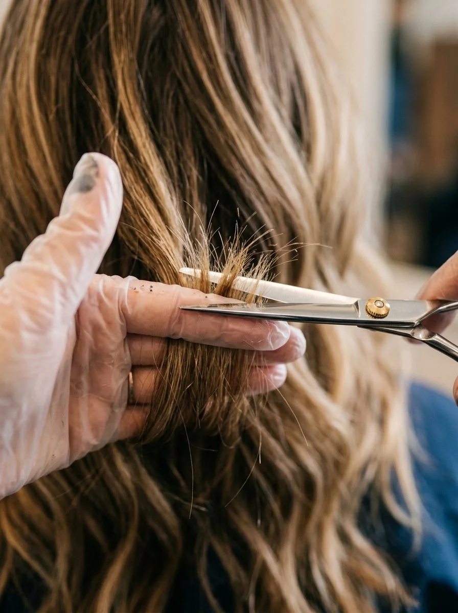A hairstylist cut a woman's long, wavy, blonde hair with scissors.