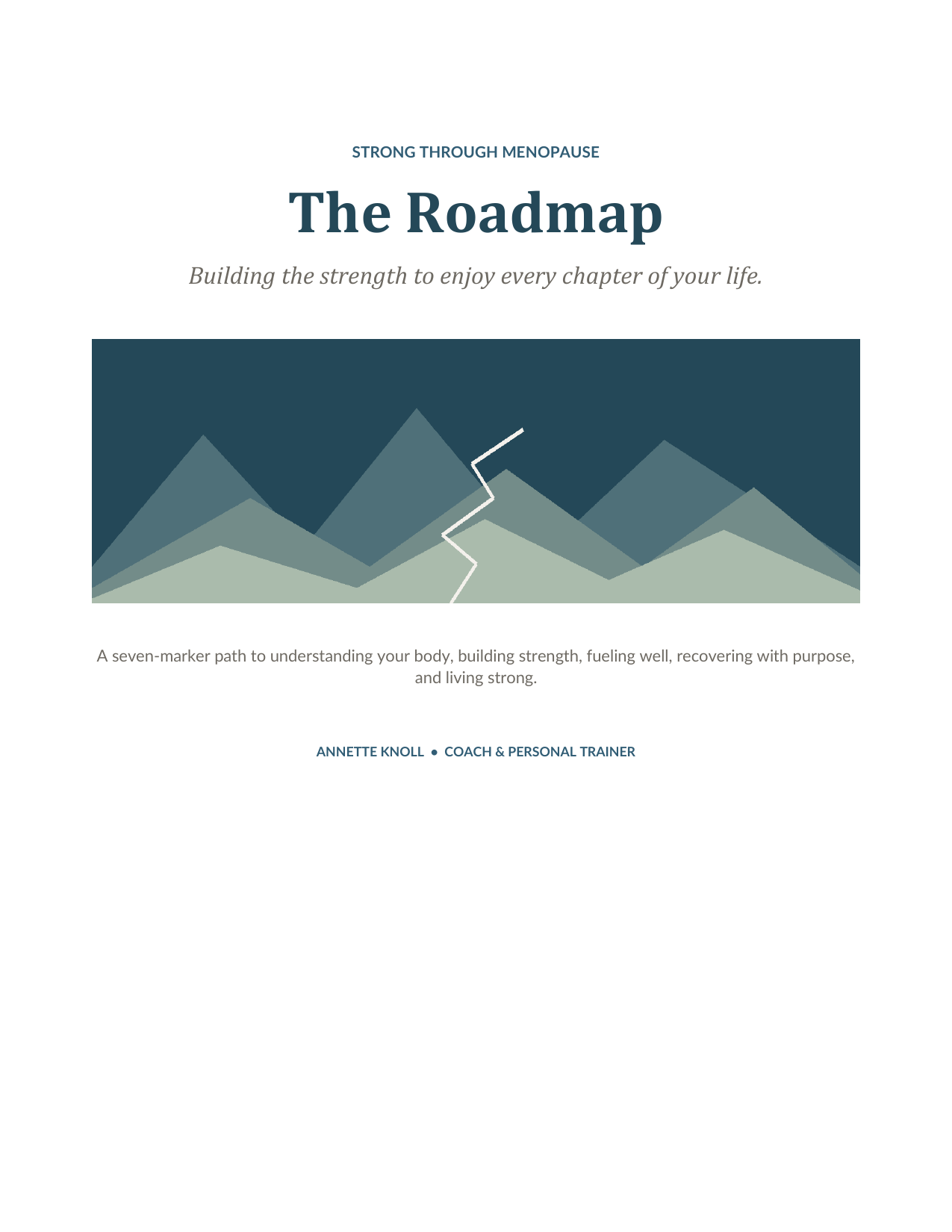 Strong Through Menopause Roadmap cover with a mountain trail graphic representing strength, nutrition, recovery and confidence during menopause.