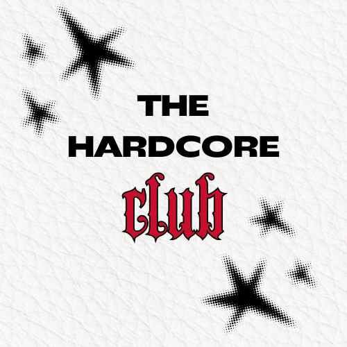 Logo with black stars and the text "The Hardcore Club," where "The Hardcore" is in bold black font and "club" is in red Gothic-style font, on a white textured background.