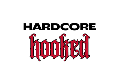 The word 'hooked' written in red Gothic font on a black background.
