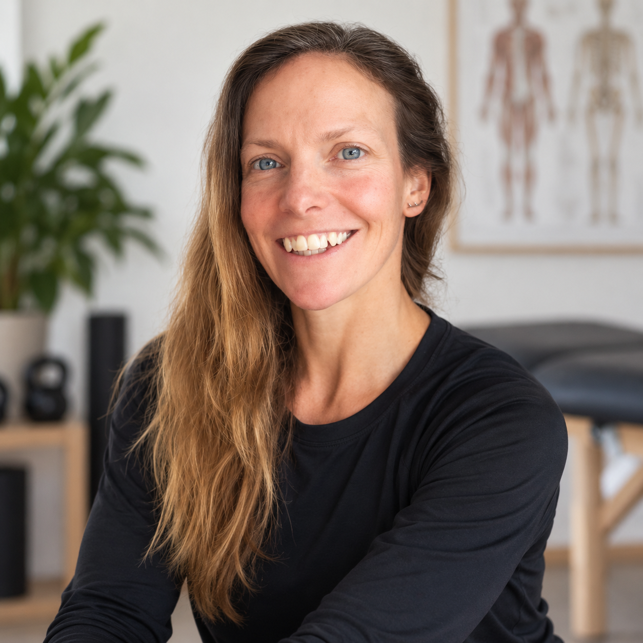 A smiling woman with long, wavy light brown hair wearing a black long sleeve shirt in a room with medical posters and gym equipment in the background.