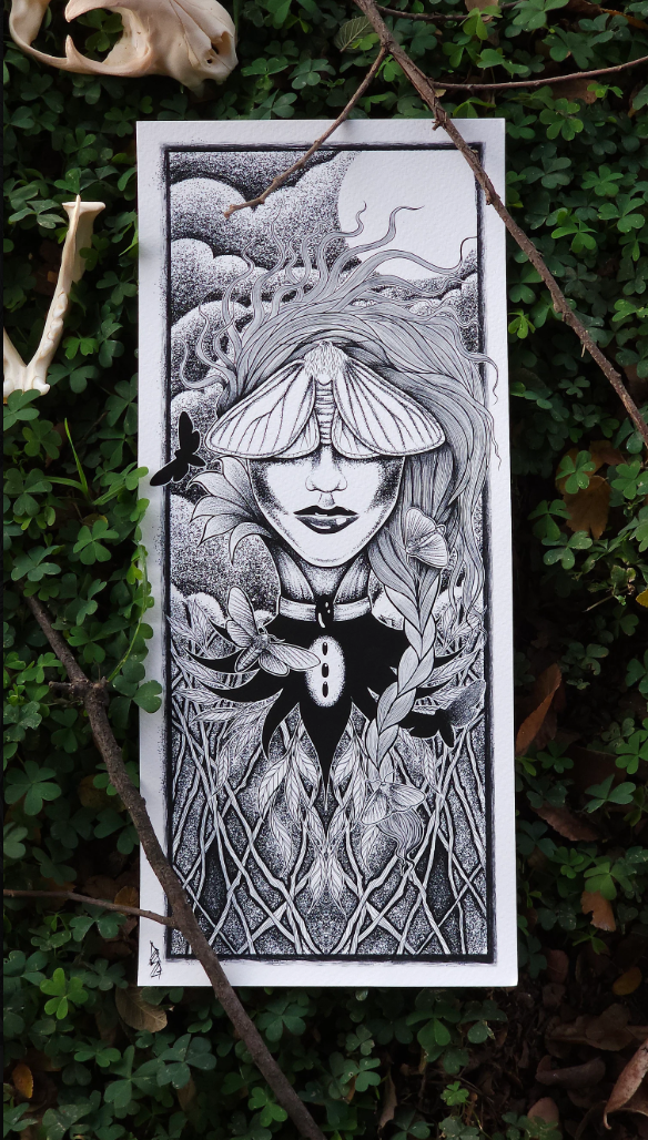 Black-and-white illustration of a woman's face surrounded by leaves, flowers, and vines, with a large moth covering her eyes and a background of clouds and moon.