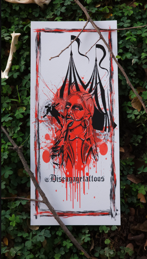 Tattoo art poster featuring a stylized portrait of a woman with long hair, wearing earrings and a bow tie, with a circus tent background, surrounded by splashes of red and black ink, and the text '@Disengagetattoos' at the bottom.