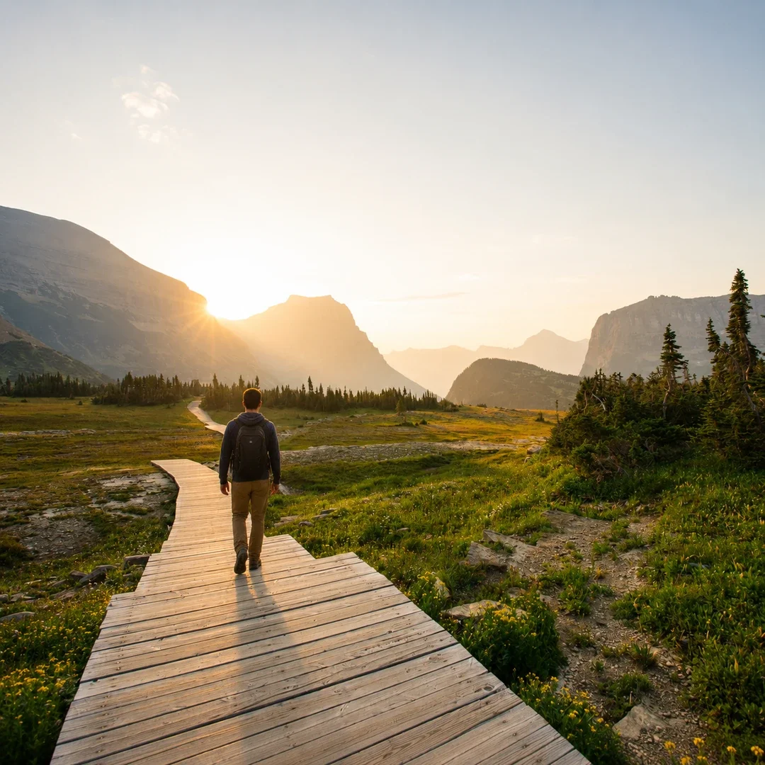 A person walks on a wooden path through a green valley at sunset, with mountains and trees in the background.