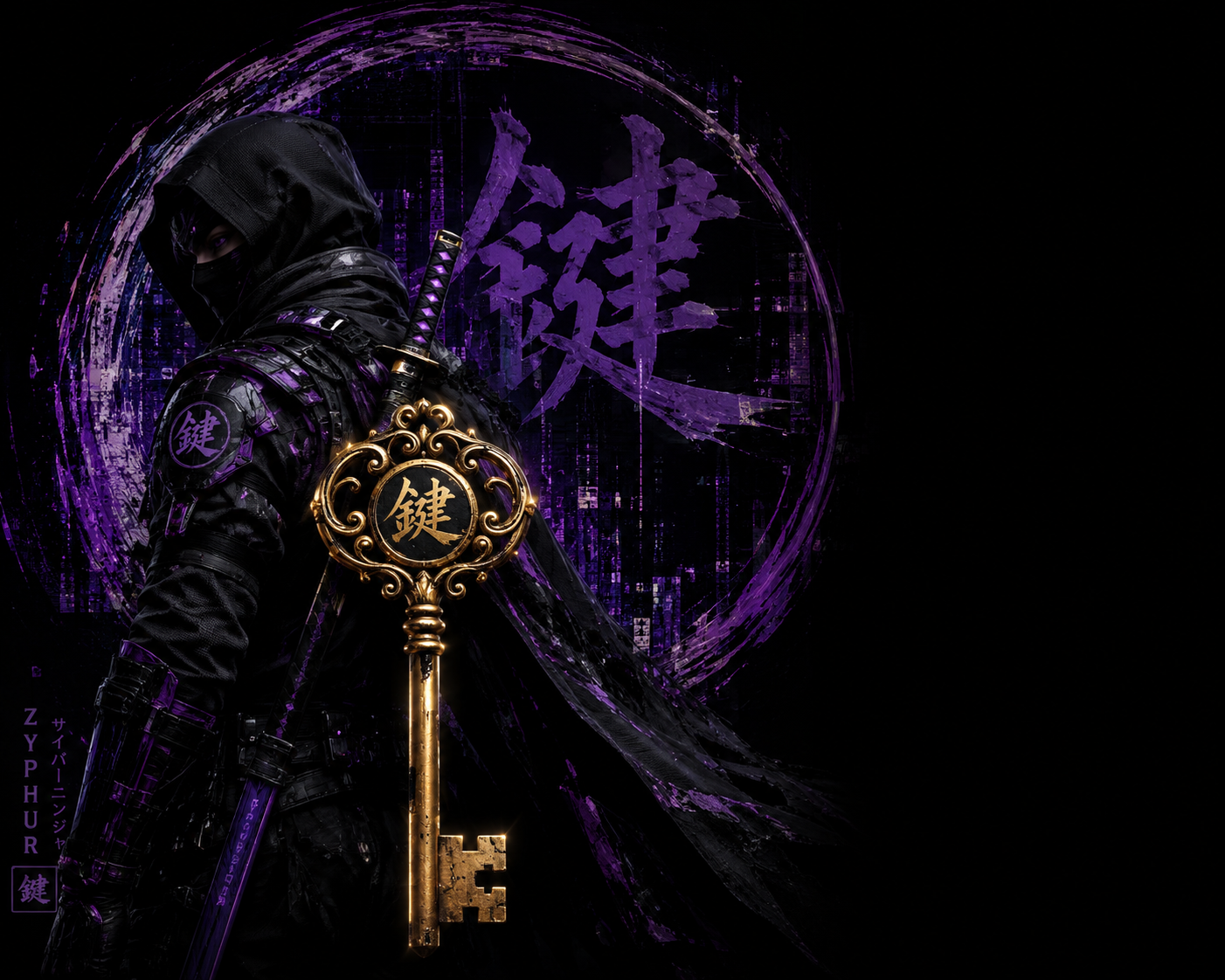 A masked ninja in black armor with purple accents, holding a large gold key with a black emblem, standing in front of a dark futuristic background with purple neon elements and Japanese characters.