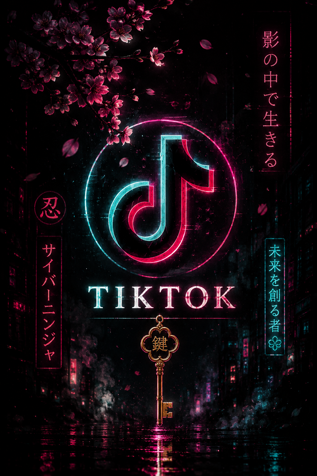 A neon-lit illustration featuring the TikTok logo in the center with surrounding Japanese characters and cherry blossom branches. The background is a dark cityscape with reflections on water, giving a cyberpunk aesthetic.