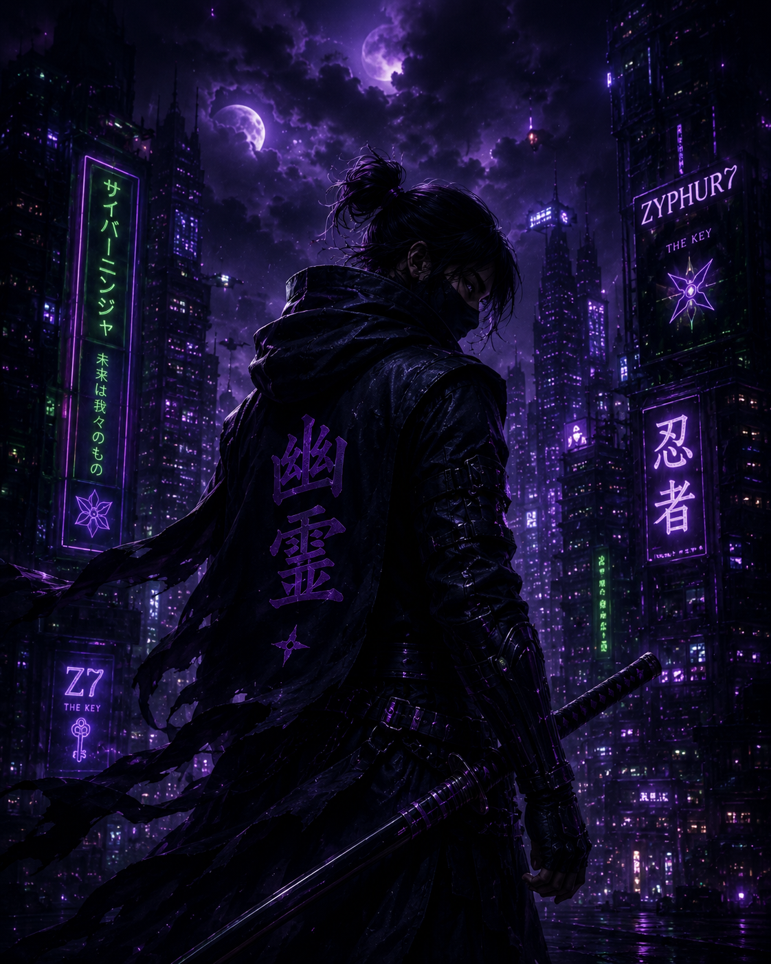 A person wearing black clothing and a face mask stands in a futuristic city at night with neon signs in Japanese and English, under a cloudy purple sky with two moons, holding a katana.
