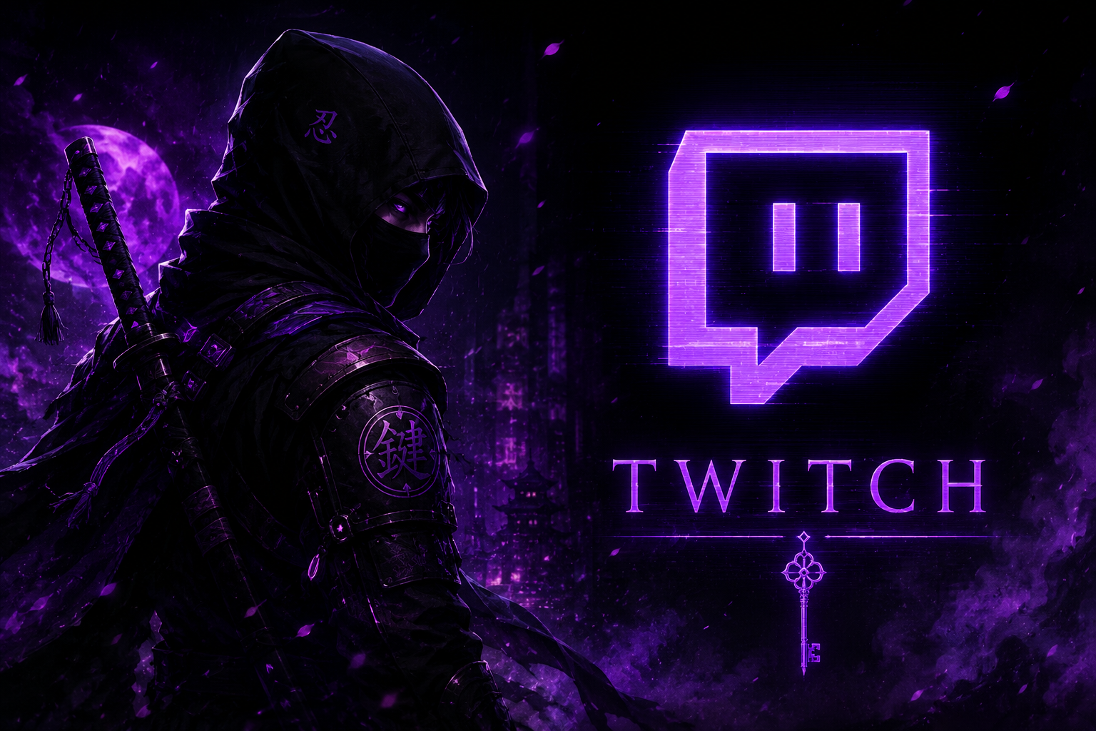 A dark, ninja-like figure with a weapon on the back, against a purple, moonlit cityscape. The Twitch logo and the word 'TWITCH' are glowing in purple on the right side of the image.
