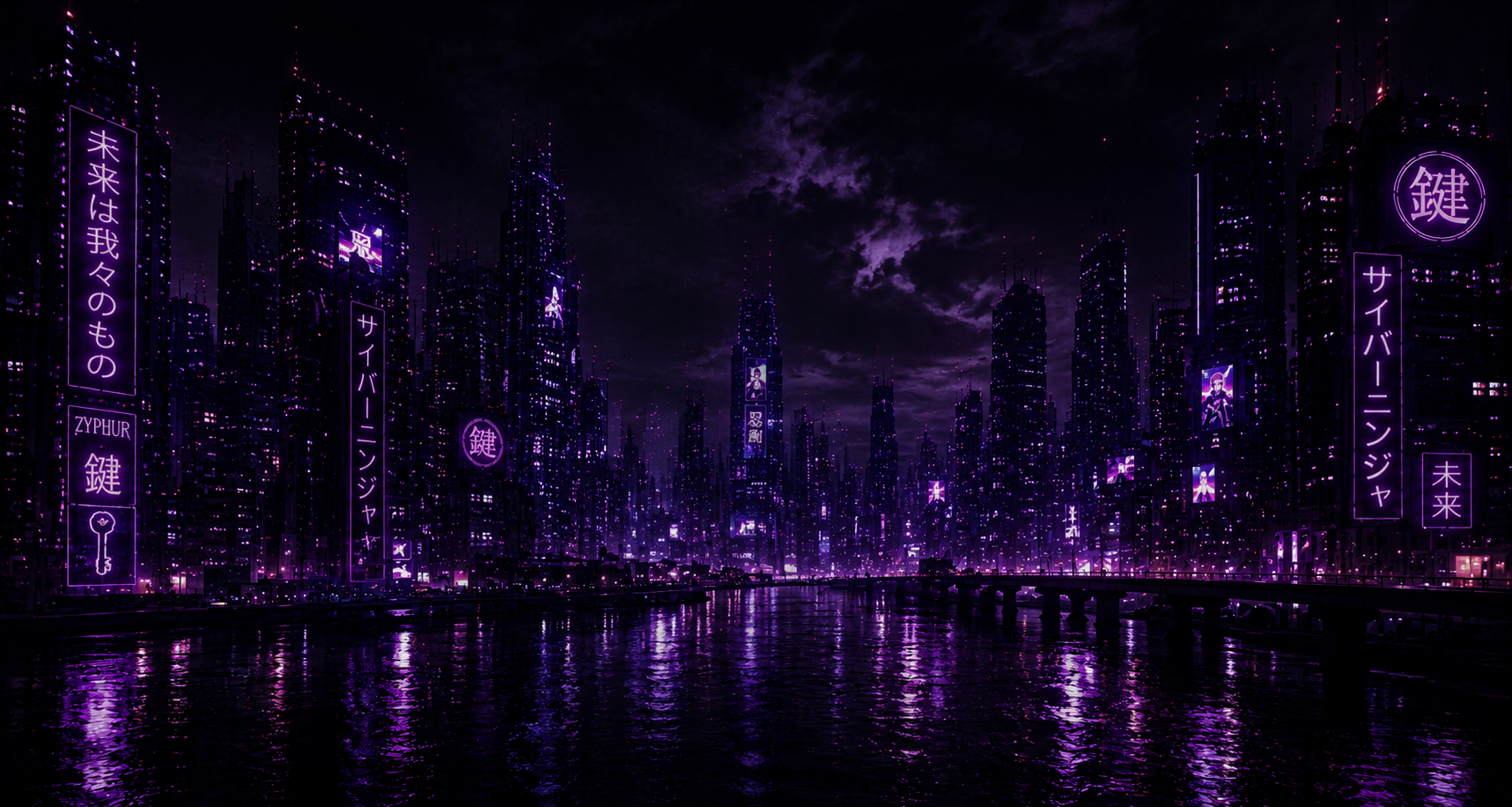 A futuristic cityscape at night illuminated with purple neon lights, showcasing tall skyscrapers with signs in various languages, reflections in a body of water, and a dark cloudy sky overhead.