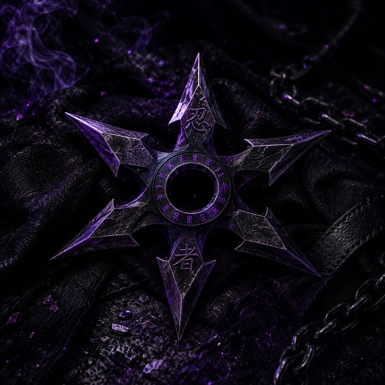 A dark, gothic-style, purple, star-shaped pendant with intricate carvings and Japanese characters, resting on a textured surface with chains nearby.