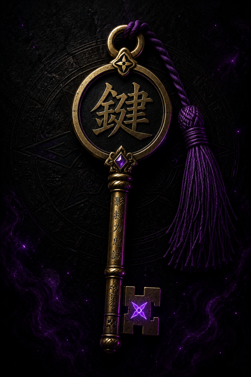 A mystical golden key with glowing purple accents and Japanese characters, hanging from a purple tassel, set against a dark, cosmic background.