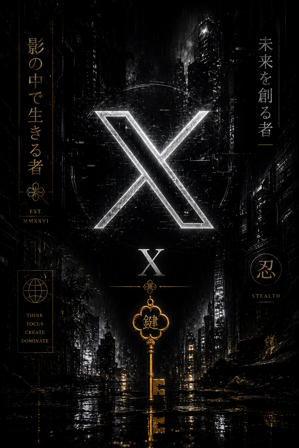 Futuristic cityscape at night with neon Asian motifs, a large glowing 'X', and a golden key with an Asian symbol hanging from it. Japanese text, a globe icon, and the words 'STEALTH' and 'THINK FOCUS CREATE DOMINATE' appear.