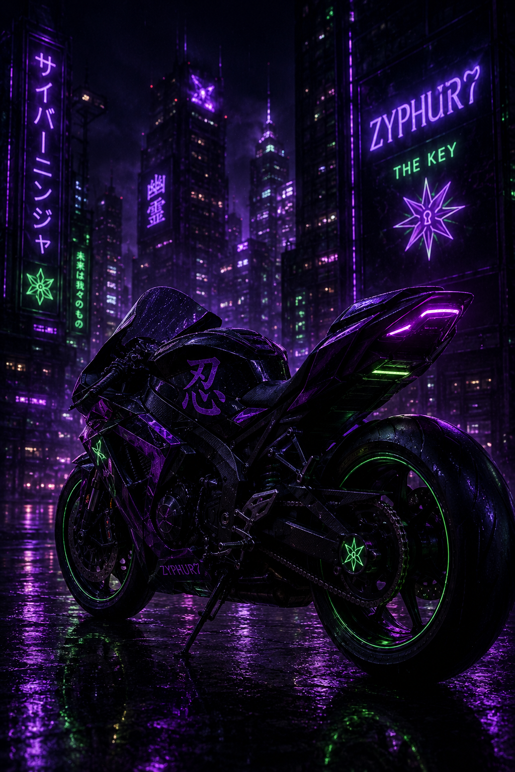 A futuristic black motorcycle with neon purple and green lights set against a rain-soaked cityscape illuminated by neon signs in Japanese and English, with tall skyscrapers in the background.