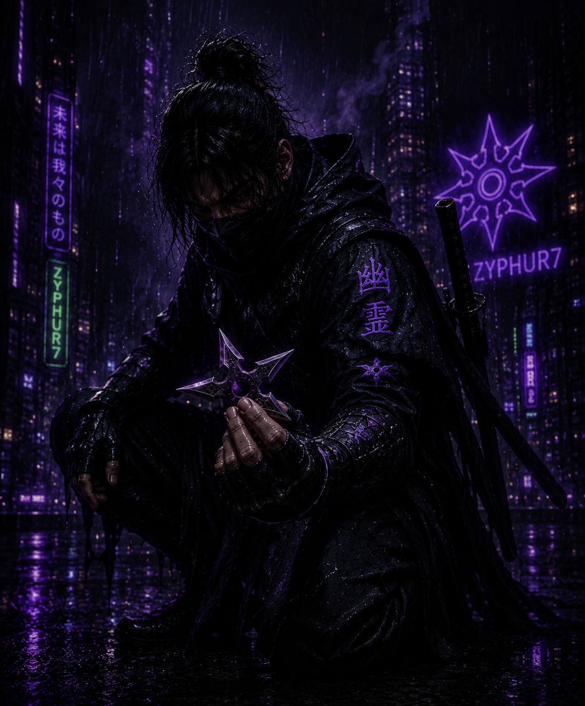 A person dressed in a black, rain-drenched outfit with neon purple accents kneeling on a wet city street at night, holding a purple and black shuriken with neon signs and tall buildings in the background.