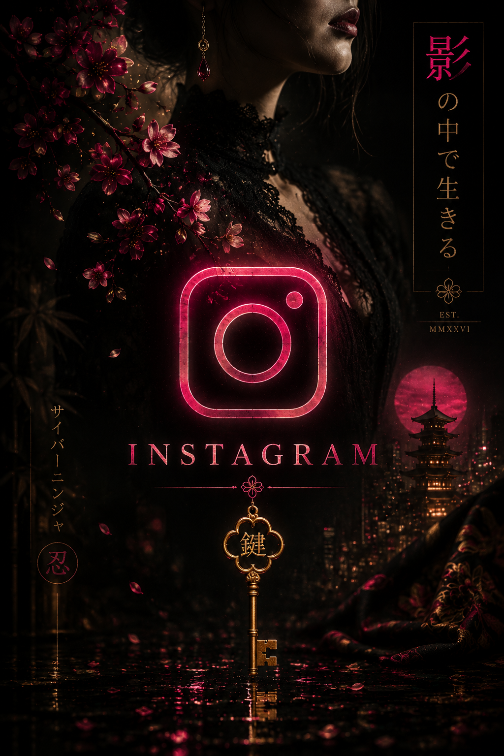 A woman with dark hair and makeup, dressed in black lace, surrounded by pink cherry blossoms, with a neon Instagram logo and Japanese text in the background. A golden key hangs from a chain below the logo.