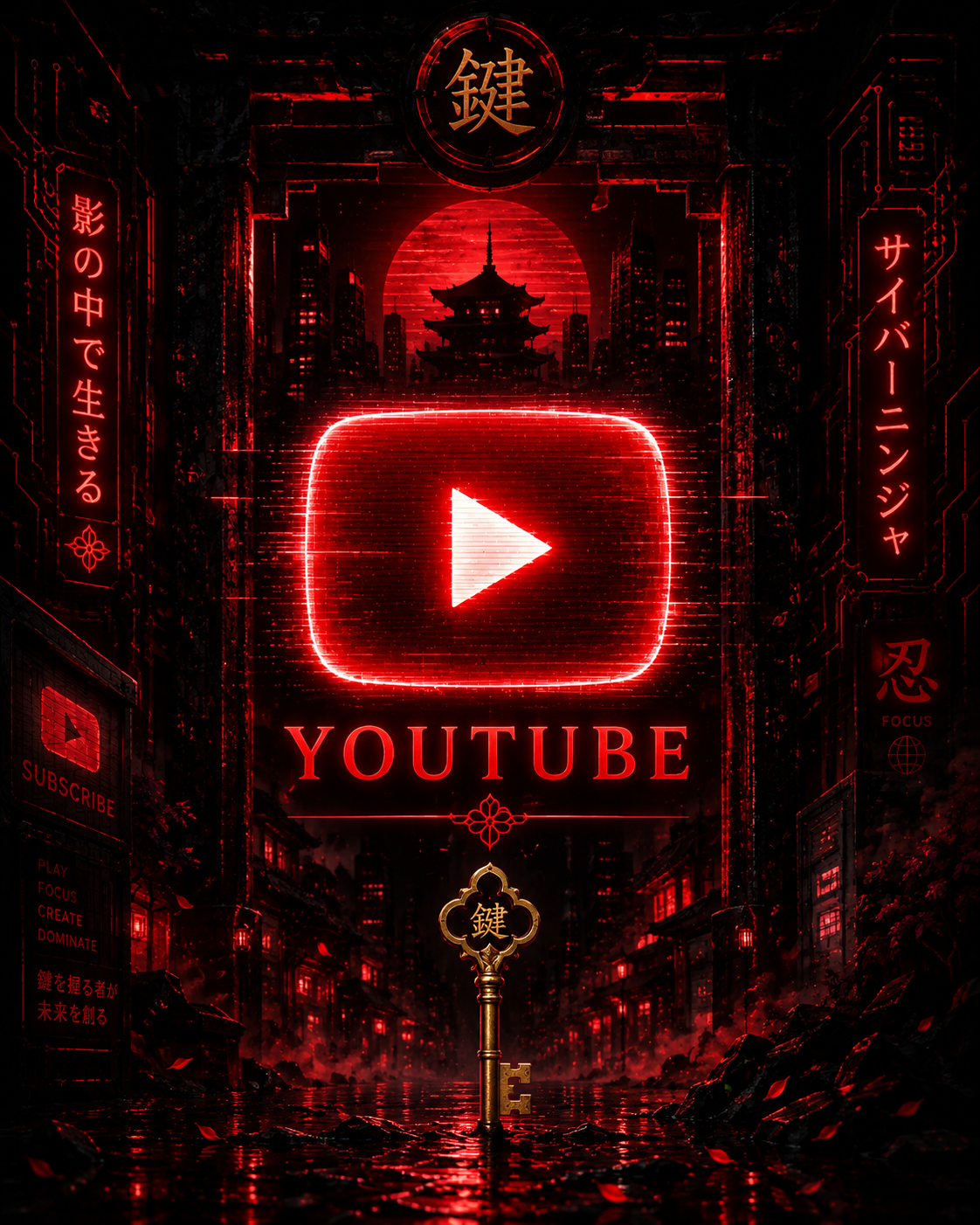 A dark, futuristic cityscape with neon red lighting, featuring a giant YouTube play button in the center with Japanese and English text, including a traditional Japanese temple silhouette, a glowing key with kanji, and neon signs in Japanese.