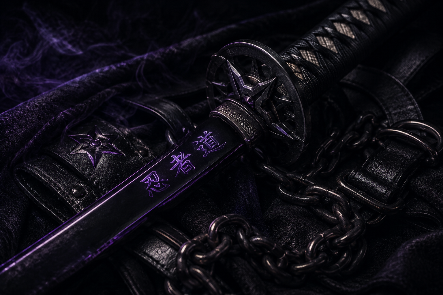 A black katana sword with Japanese characters on the blade, placed on a dark leather surface with chains and a black cloth.