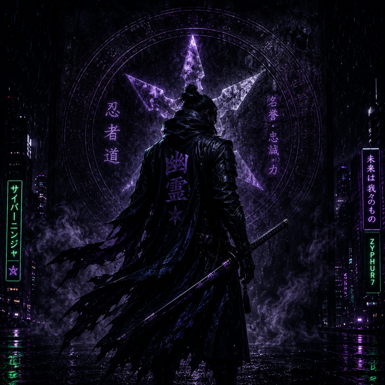 A dark, futuristic scene featuring a person dressed in black with a katana, standing in front of a glowing purple pentagram and neon Japanese and English text, amidst city lights and smoke.
