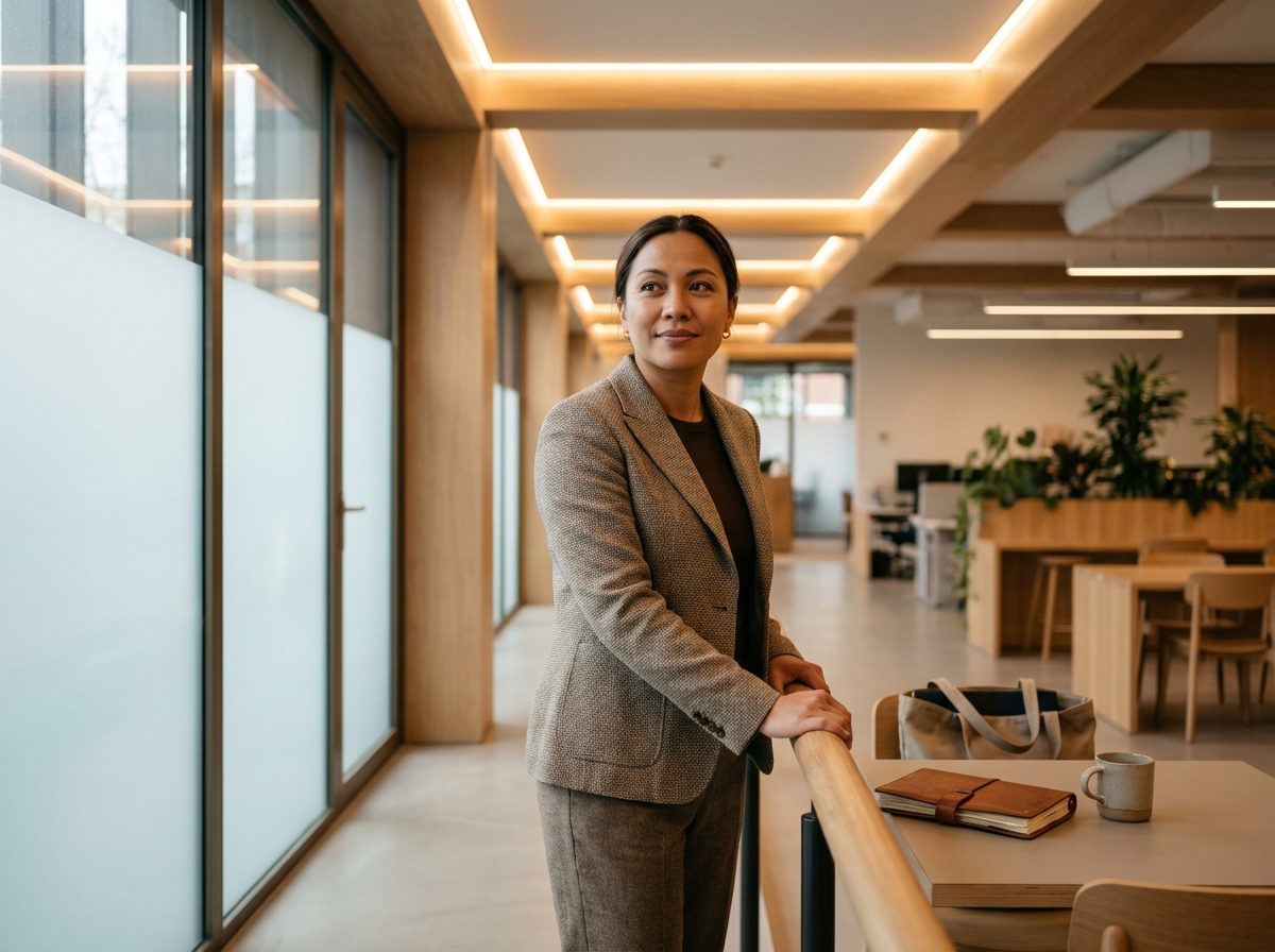 A woman in a business suit standing in a modern office with wood accents, large windows, and indoor plants.