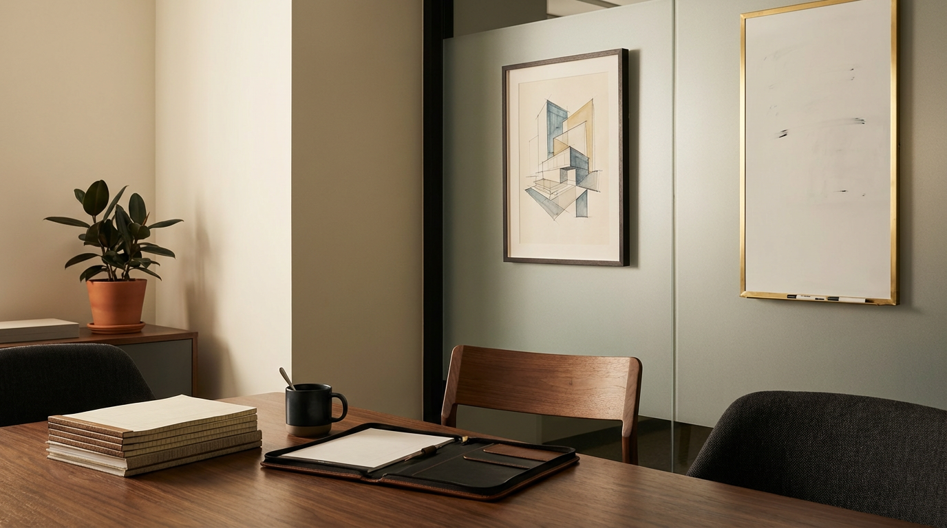 A conference room table with a stack of folders, a black mug, and an open notebook, with framed artwork on the wall and a potted plant on a side table.