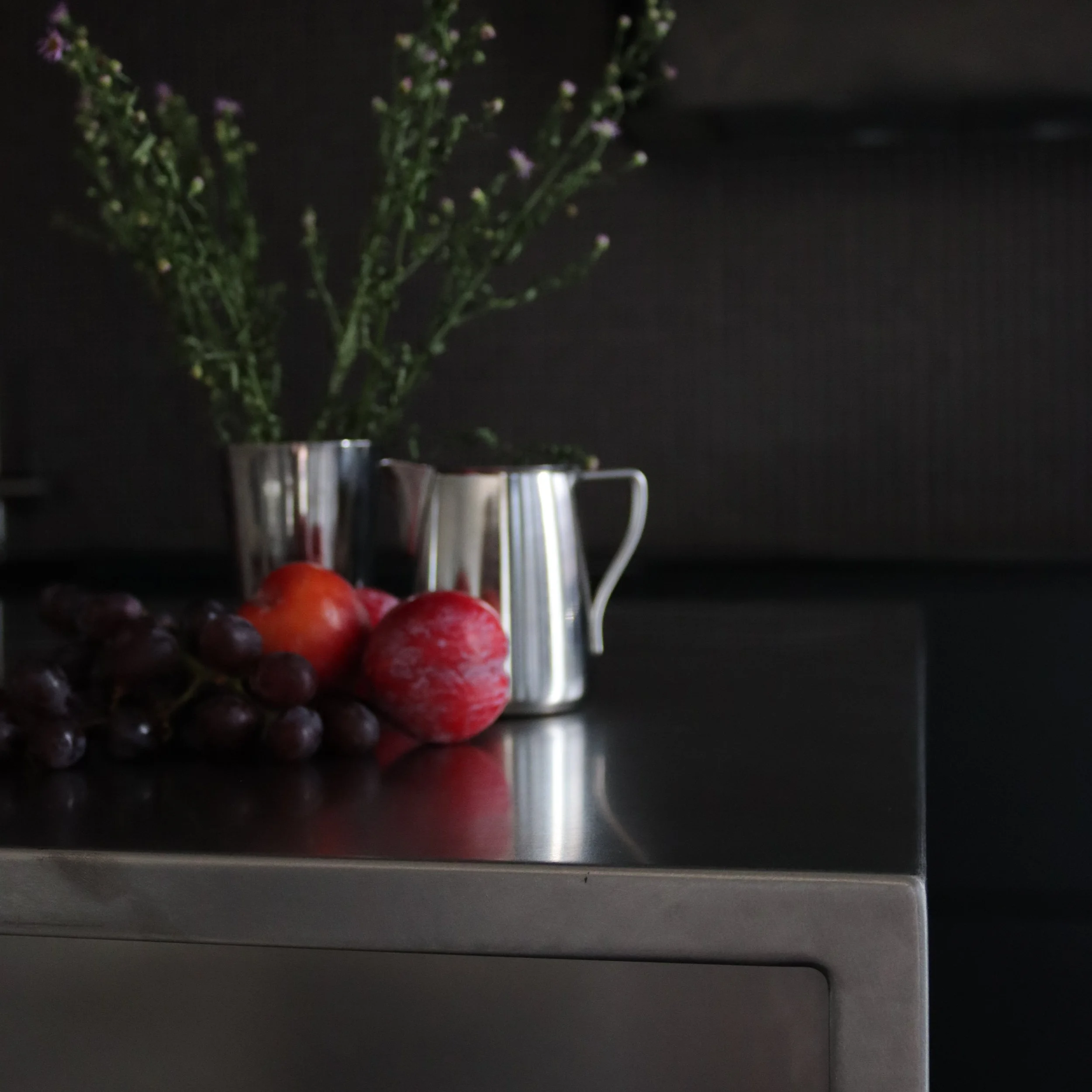 Une plante verte dans un vase en métal, placé sur une surface noire, avec quelques fruits rouges en premier plan et un fond sombre.