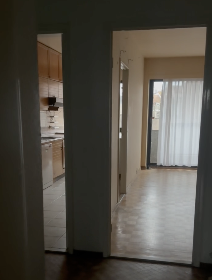 Intérieur d'un appartement avec une cuisine à gauche et un salon avec grande fenêtre à droite.