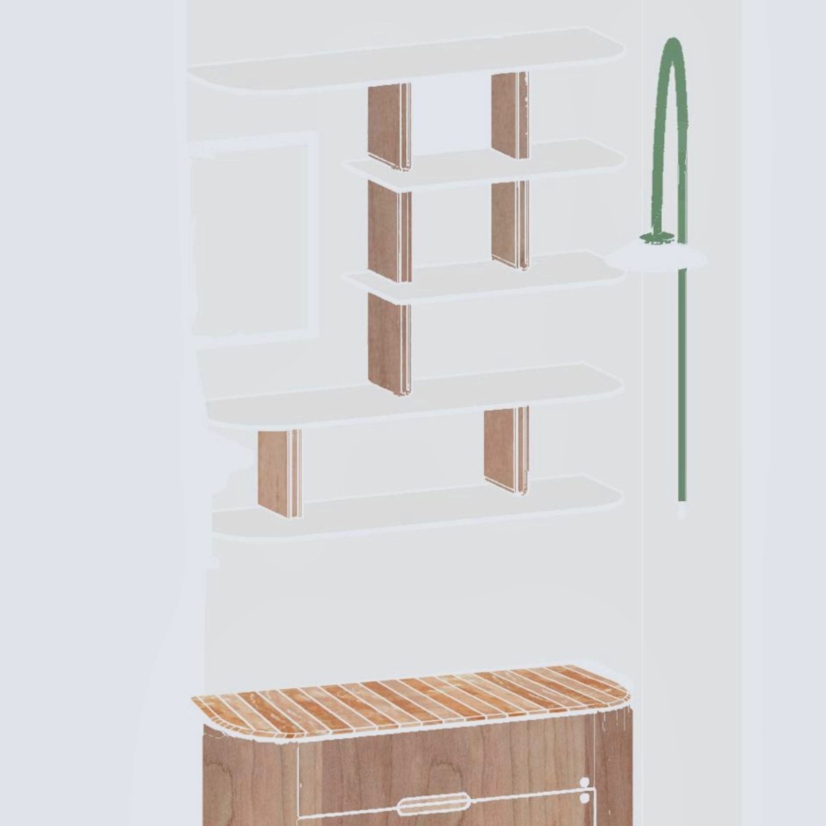 Un schéma illustrant la conception d'une étagère avec plusieurs niveaux, avec des éléments en bois et en métal.