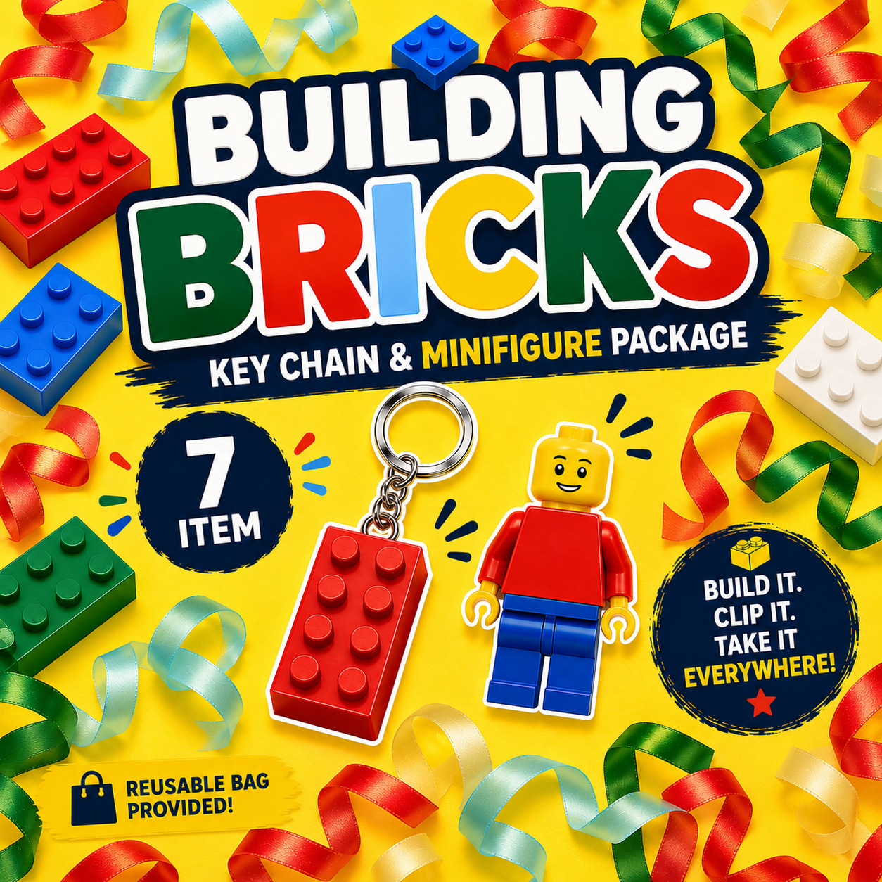 Building Bricks 7 items + Key Chain + Minifigure Pack - pickup August 18