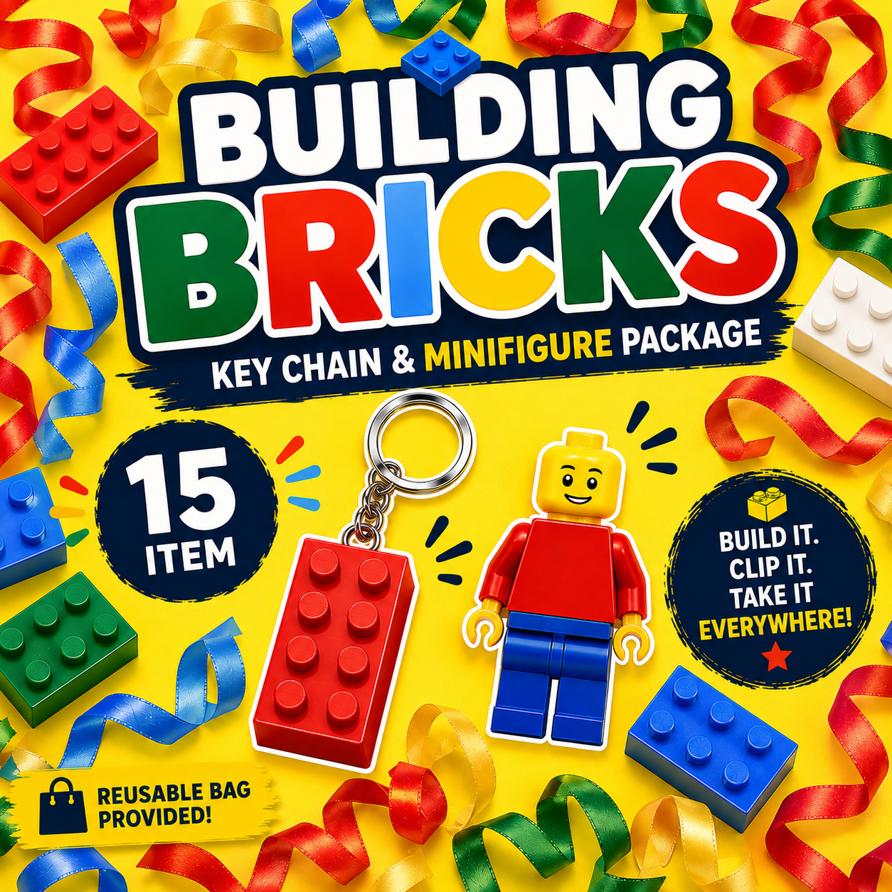 Building Bricks 15 items + Key Chain + Minifigure Pack - Pickup August 18