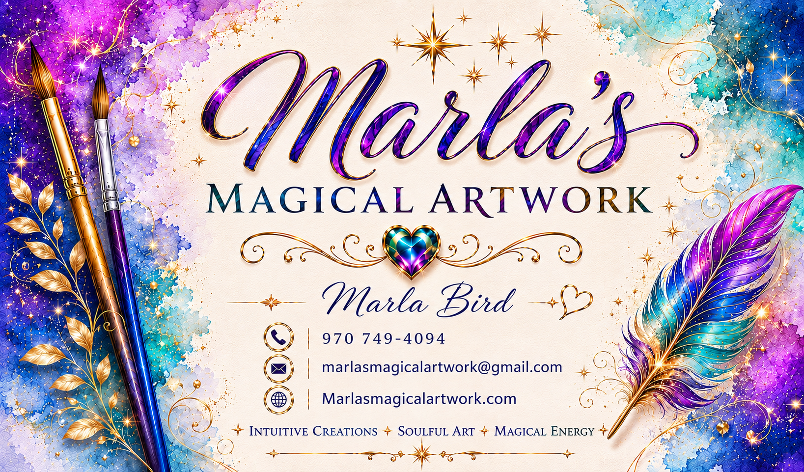 Business card for Marla's Magical Artwork featuring colorful feathers, glitter, stars, and two paintbrushes with gold and purple handles. Contains contact info and artistic description.