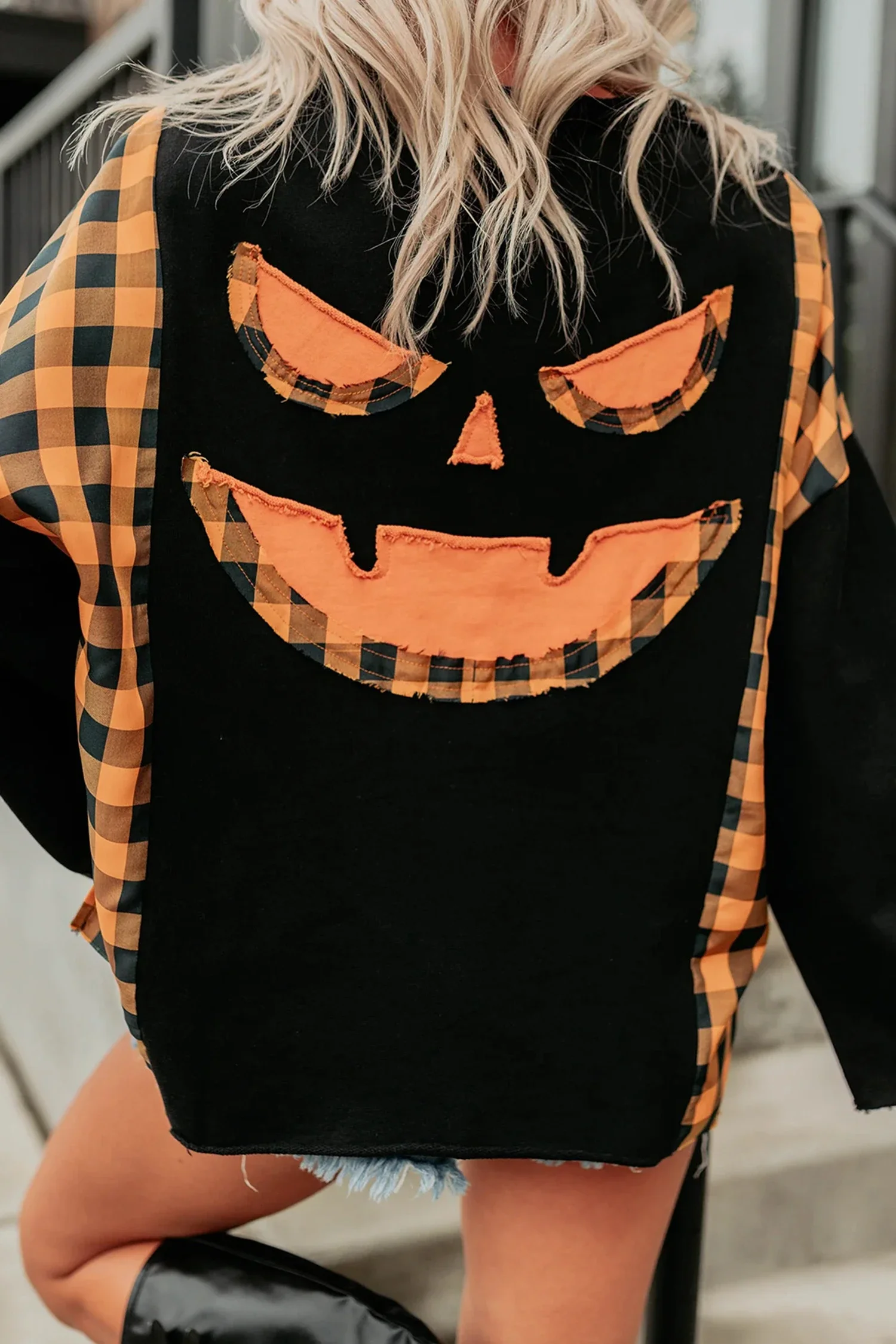 patchwork plaid pumpkin face long sleeve top 3.webp