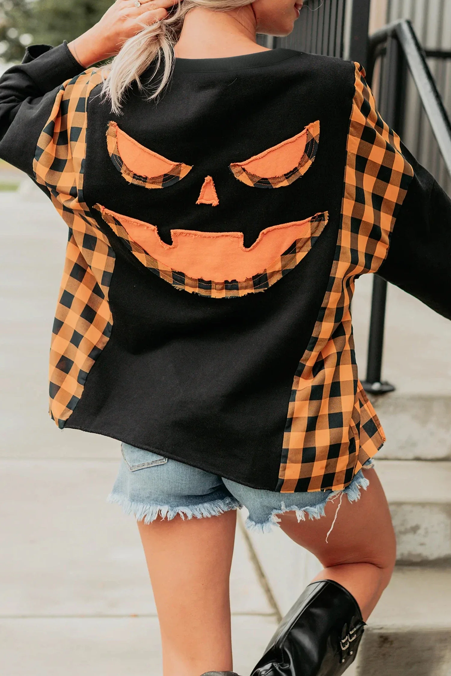 Patchwork Pumpkin face Long sleeve top.webp