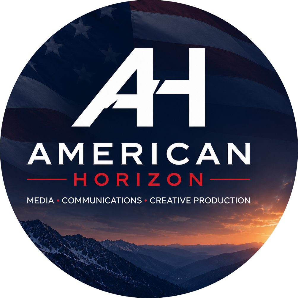 Logo for American Horizon with mountains and sunset background, featuring text 'A4 American Horizon, Media, Communications, Creative Production'.