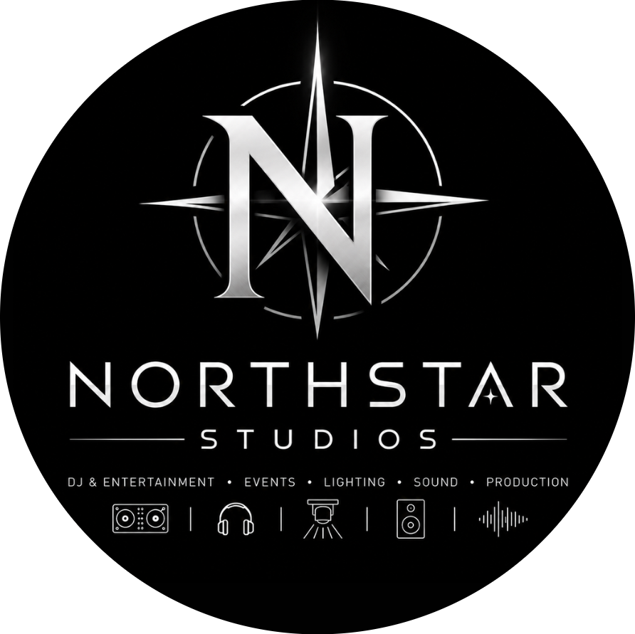 Logo for Northstar Studios with a compass rose and The North Star initials, underneath is text mentioning DJ, entertainment, events, lighting, sound, and production services, with icons for DJ equipment, headphones, lighting, speakers, and sound wave.