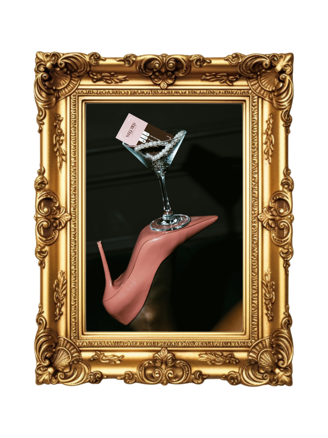 A gold ornate picture frame surrounding a surreal image of a pink high heel shoe balancing a cocktail glass with pearls and tickets on top, against a dark background. Jacksonville wedding content creator