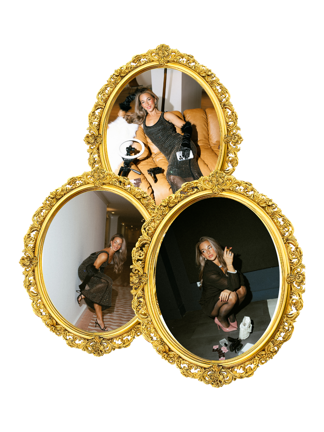 Three women in black dresses and heels posing in ornate gold frames at an event.